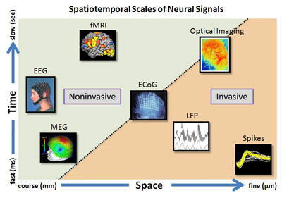 Figure 2: Rendering of different signals from the brain potentially usable for brain machine interface. The graphic illustrates the temporal and spatial scales of each signal. For example EEG and MEG are noninvasive, clinically relevant signals but have coarse spatial resolution. fMRI and optical imaging are primarily imaging modalities. The ECoG, LFP and neural spike activities are recorded essentially using invasive means but offer the best temporal and spatial resolutions. (Courtesy: Dr. V. Aggarwal).