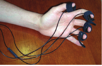 Tethered sensors from BIOPAC collect pulse, conductance, and temperature information from a participant's fingers.