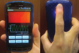 Figure 2. By simply holding a finger over a phone's camera and flash light, this smart phone app developed at the Worcester Polytechnic Institute can determine a number of vital signs, including heart and respiration rates. (Photo courtesy of Ki Chon.)