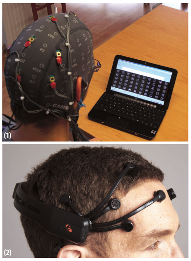 Figure 1. Two BCI products in use. (1) The user is wearing electrodes while running IntendiX. (2) The user is wearing a band of dry EEG sensors developed by Emotiv.