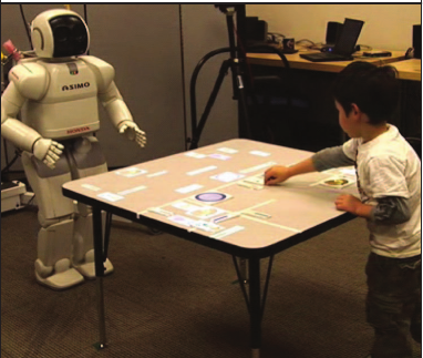 A robot and child playing a table-setting game.