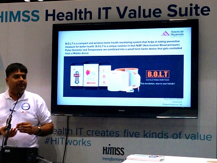 Figure 2: Sridharan Mani, CEO & Director at American Megatrends and Leader of Team Danvantri, introduces their Qualcomm Tricorder XPRIZE entry at the HIMSS Health IT Value Suite.