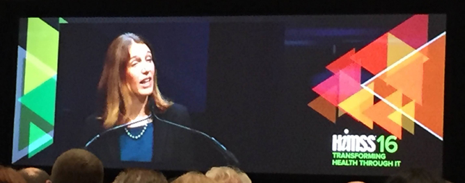Figure 1: Sylvia Mathews Burwell, Secretary of Health and Human Services, speaking at HIMSS16.
